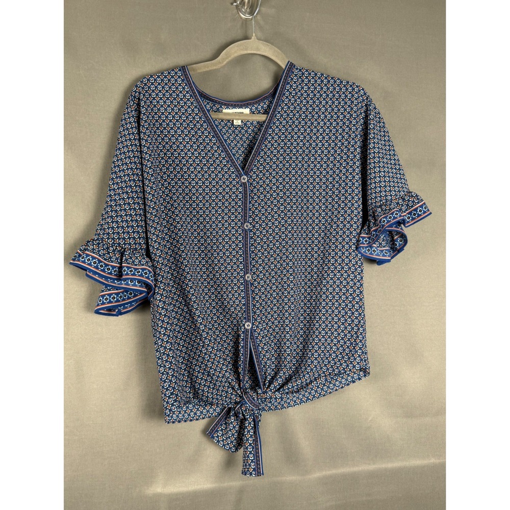 Max Studio Blouse Women XS Blue Geometric Ruffle Sleeve Tie Front A703D38A